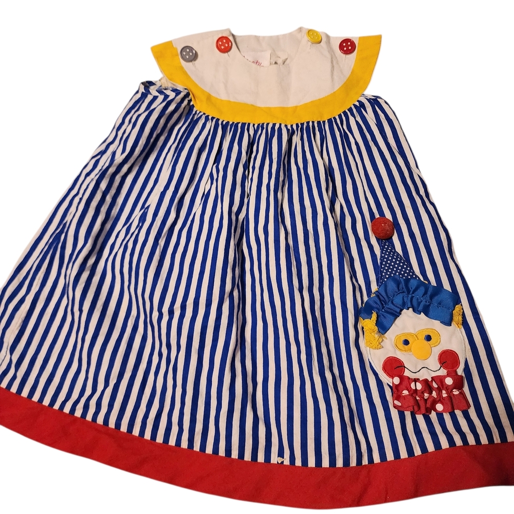 Blue & White Striped Kids Casual Dress with Red Trim and Clown Appliqué